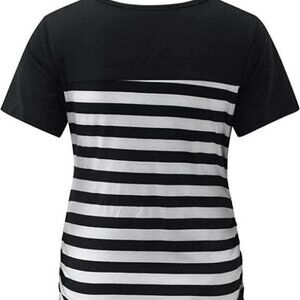 BOGO  Shore Sleeve Print Black & White Striped Casual Shirt Blouse SZ Large
